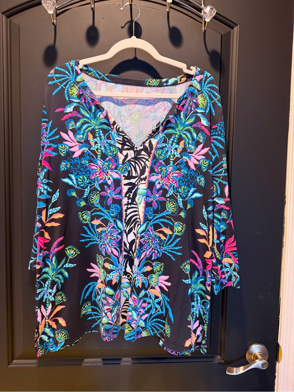 Lilly Pulitzer ChillyLilly Black Tunic with Neon Tropical Floral Print